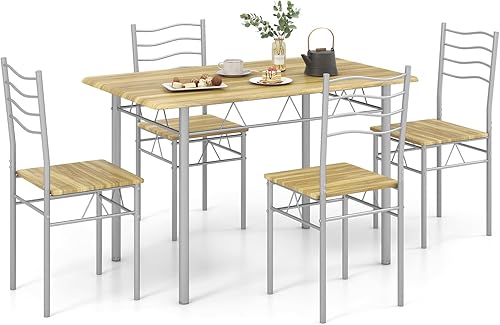 COSTWAY Juego de 4 sillas de mesa de cocina, 5 piezas rectangulares de metal con almohadilla antideslizante, diseño que ahorra espacio, juego