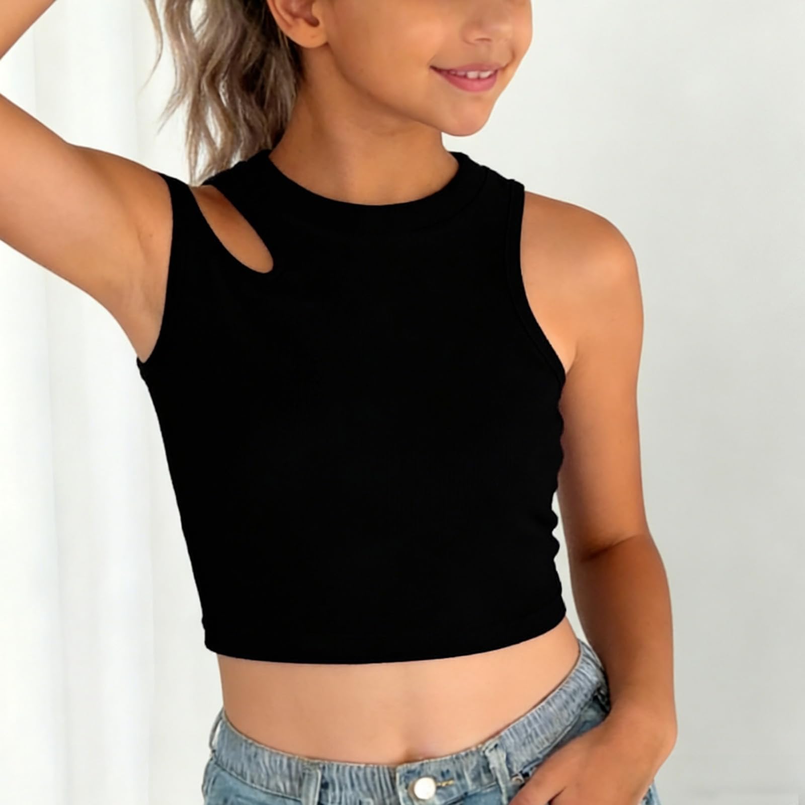 Camiseta deportiva sin mangas para niñas, cuello redondo, hombros descubiertos, para gimnasio y uso diario, casual, yoga, camiseta corta de punto, ajustada, ropa deportiva para la escuela