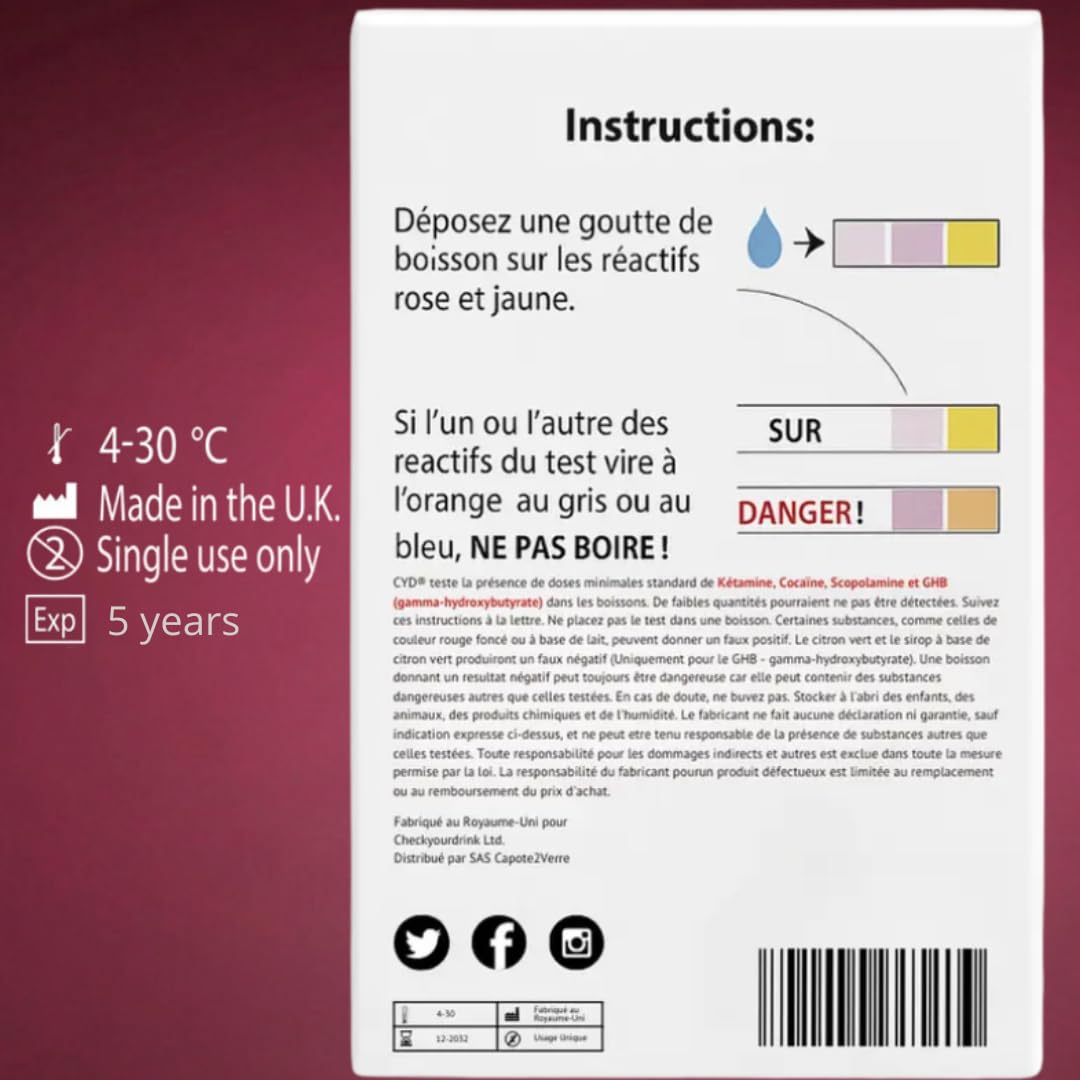 Pack de 10 tests - Test anti drogue - Kit de dépistage de drogues rapide et pratique pour boissons - Détection en 2 minutes - 2 sachets de 5 tests - Kits de tests à prendre partout avec vous