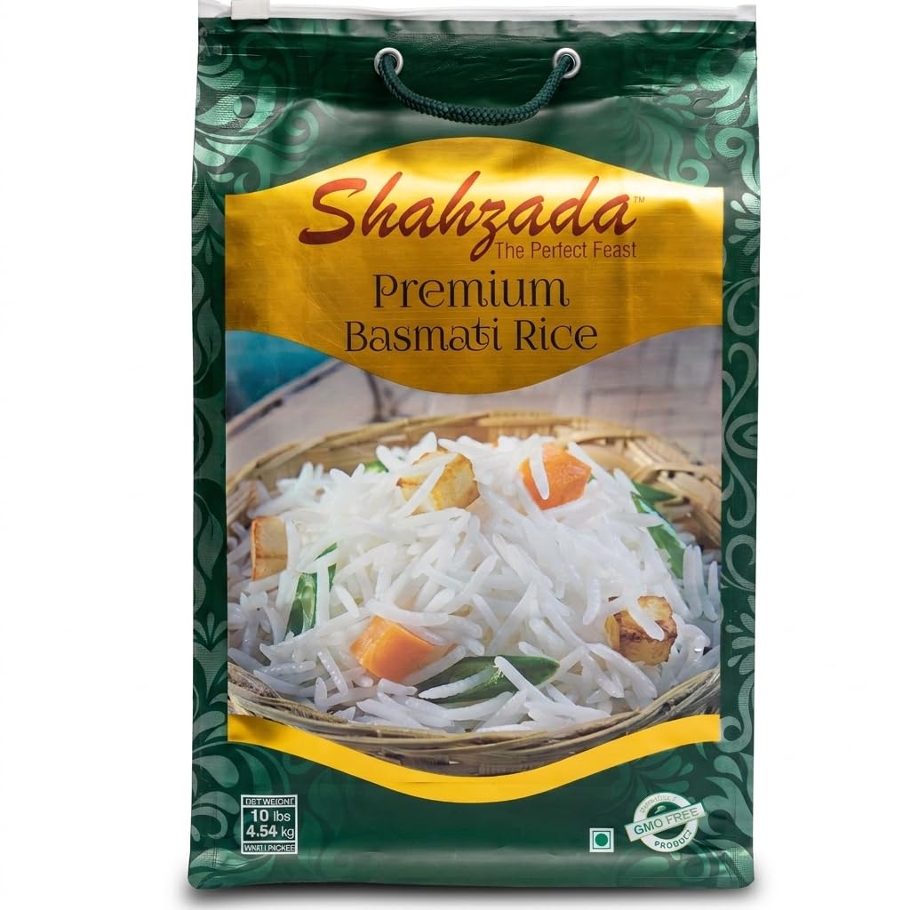 Shahzada Premium Basmati Rice (10 Lbs.) Aromatic Basmati, AGED, Flavorful, Slender |Non-Sticky Grain for Delicious Dining Experience, Non-GMO, Vegan, Gluten Free, Soy Free, No Cholesterol, Resealable Zip-Lock Bag | 10 Pound Packing