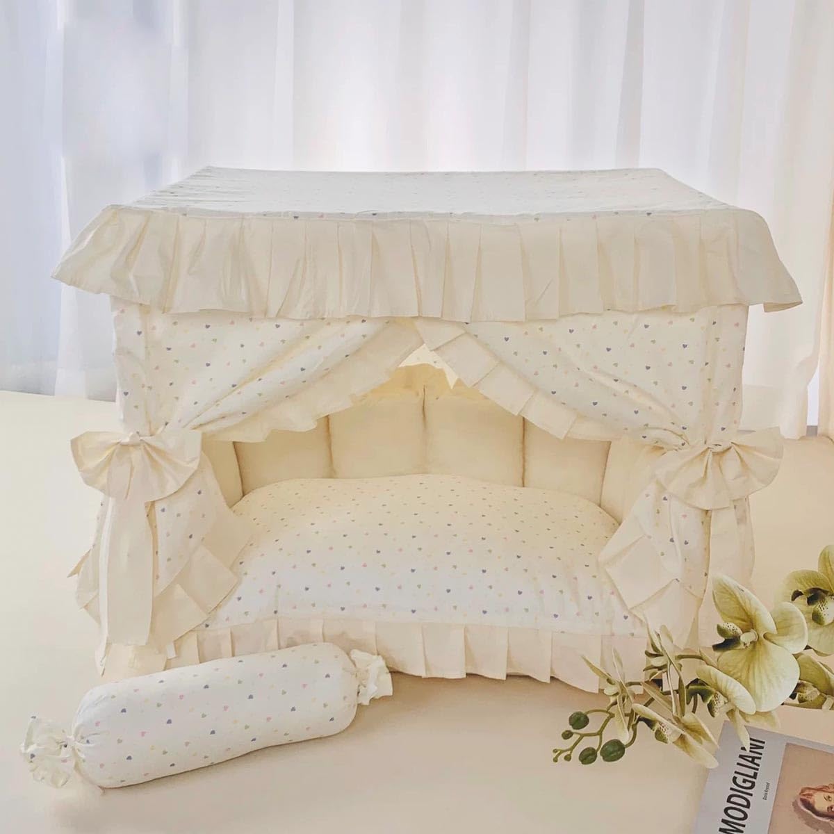 SmileyTails Pet Princess Luxury Deluxe House Fluffy Winter Warm Cozy Dog Cat Puppy Kitten Items Bed Sofa Kennel Nest Fleece Velvet (Beige Colorful, L