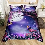 feelingyou Juego de funda nórdica de noche de luna tamaño M, estrellas moradas cielo mariposa animal edredón con 1 funda de almohada, flores rosas, flores florales, árboles, plantas, edredón