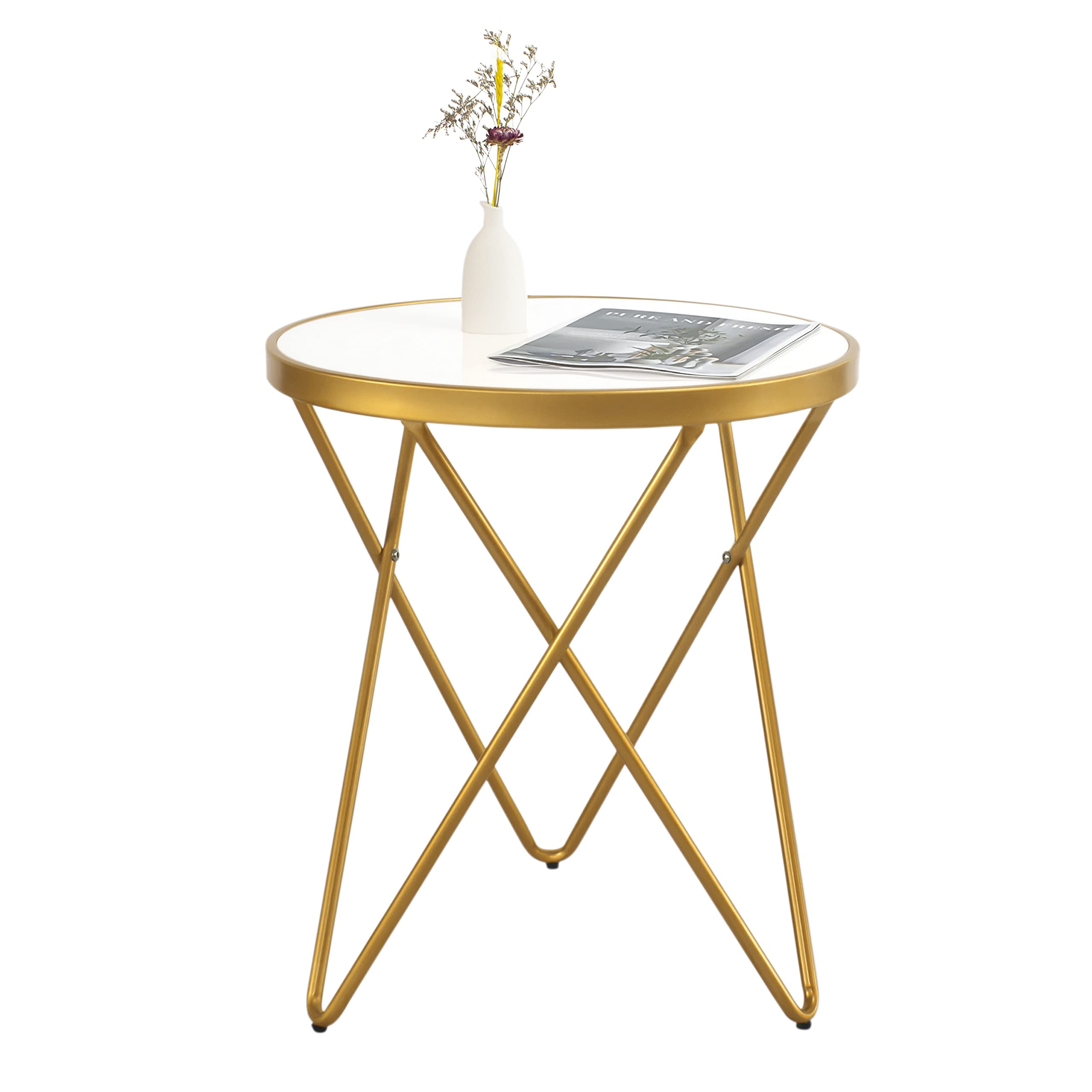 KithKasa Round End Table with White Tempered Glass Golden Legs and Metal Frame, Mid Century Modern Side Table for Small Space Living Room
