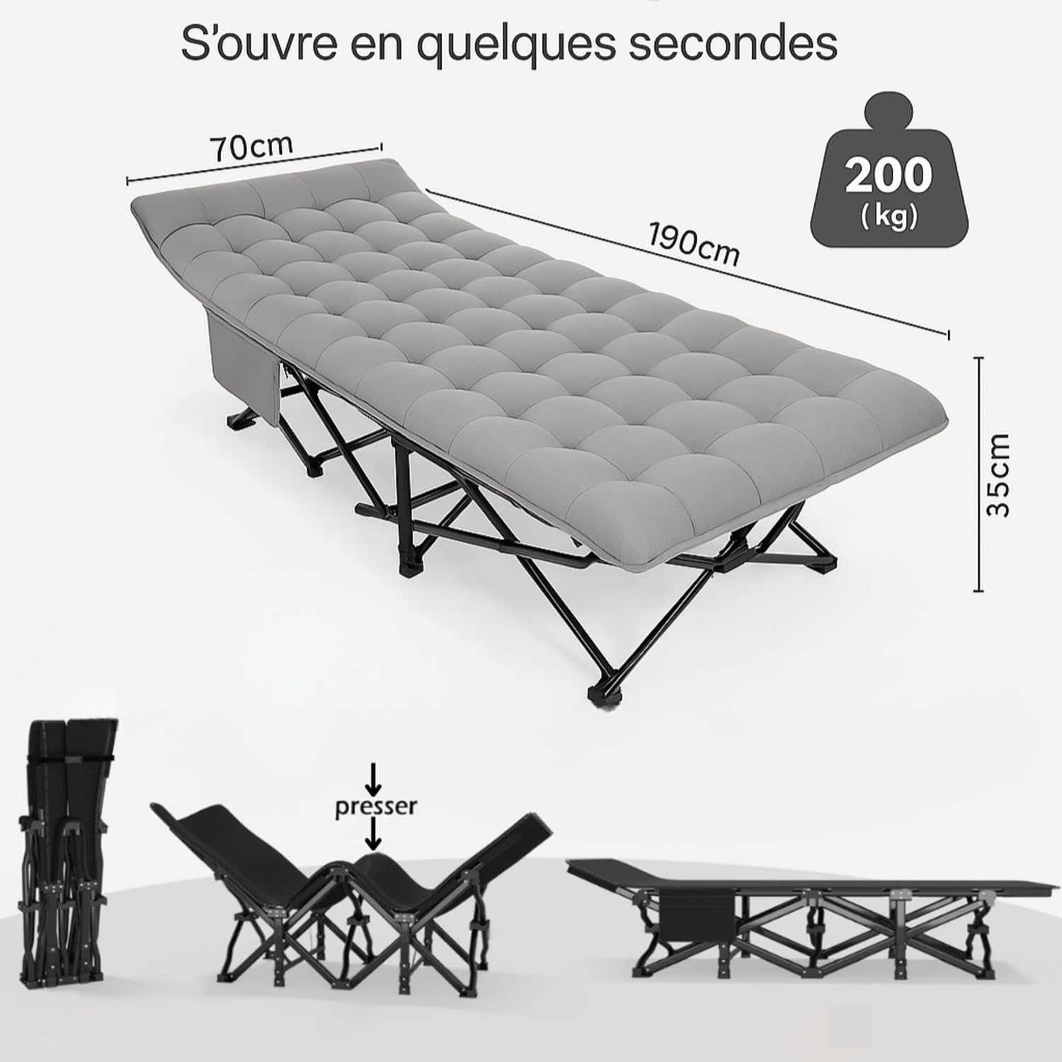 LPVS Lit de Camp Pliable 1 Personne - Pliant Robuste et Matelas avec 60% de Coton en Plus - Lit d’Appoint pour Camping, Bureau, Voyage - Charge 200 kg - Facile à Déplier