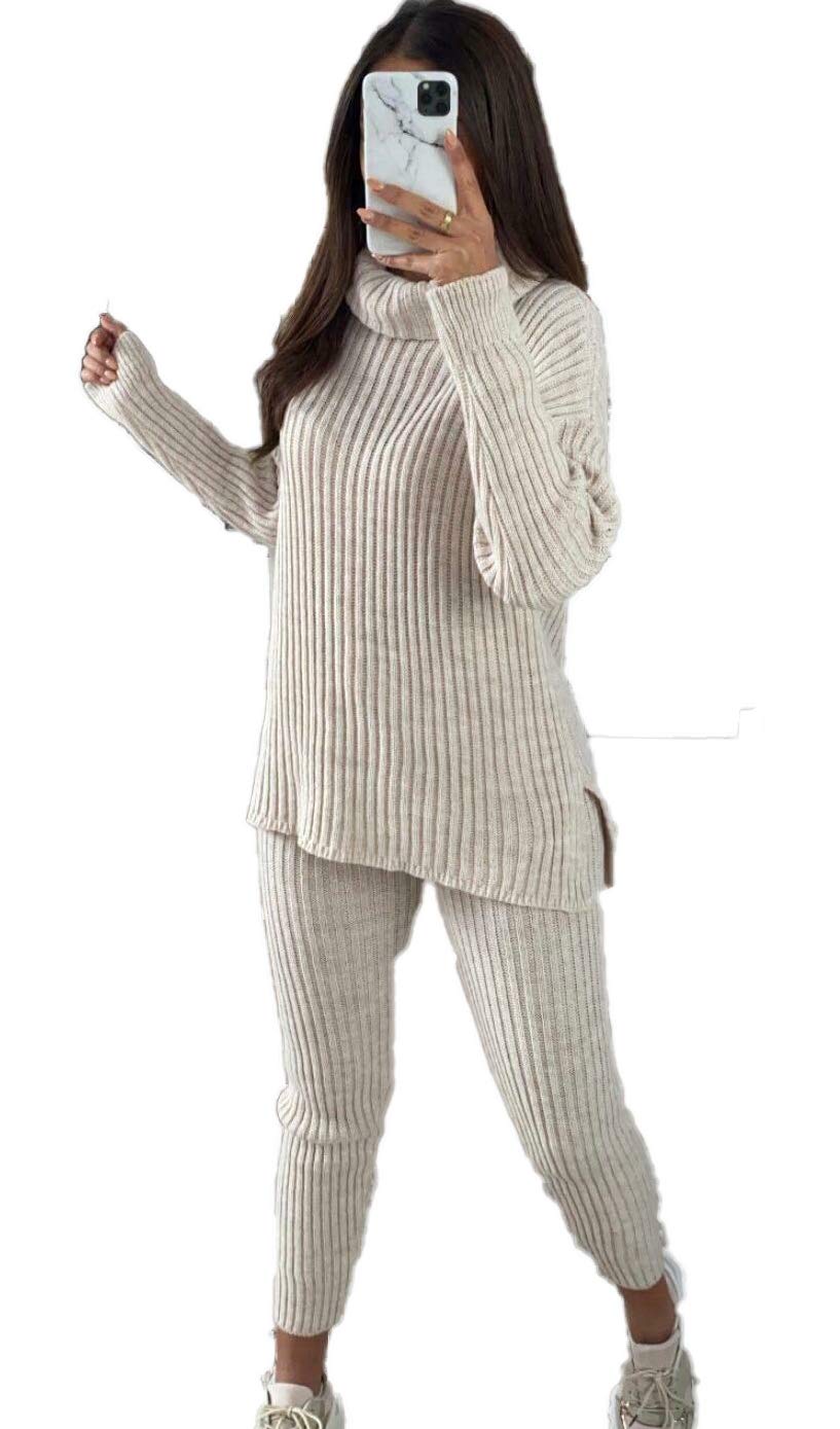 Roll Neck Knitted Piece Loungewear Set Pink Piece Knitted Roll