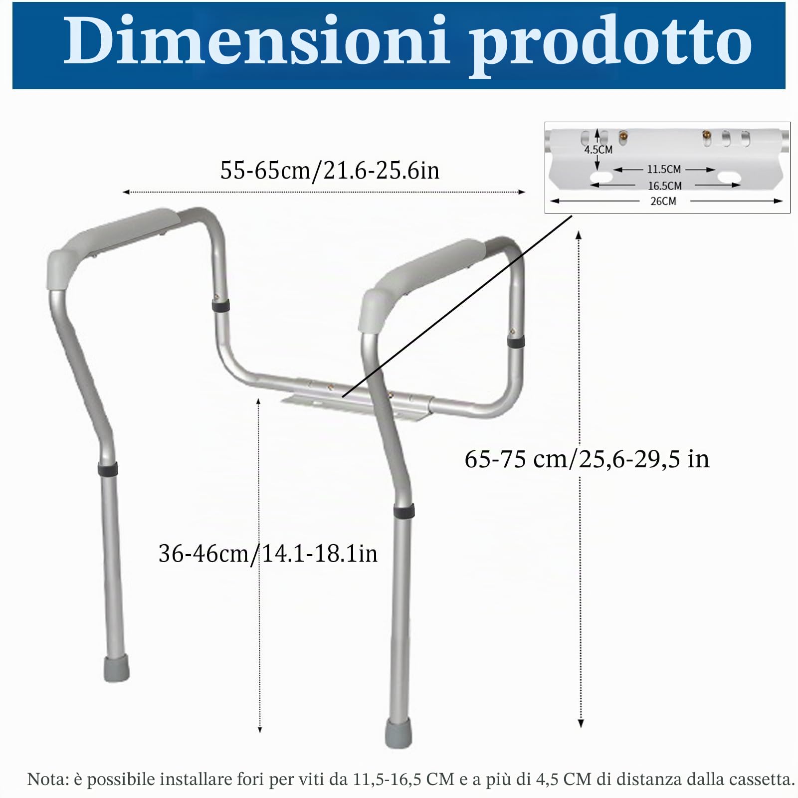 Struttura Di Supporto per Toilette, Rialzo WC per Anziani, Ausilio per WC con Regolazione In Altezza, Supporto di Sicurezza Telaio Autonomo per WC, Supporto wc per Anziani Disabili Incinte