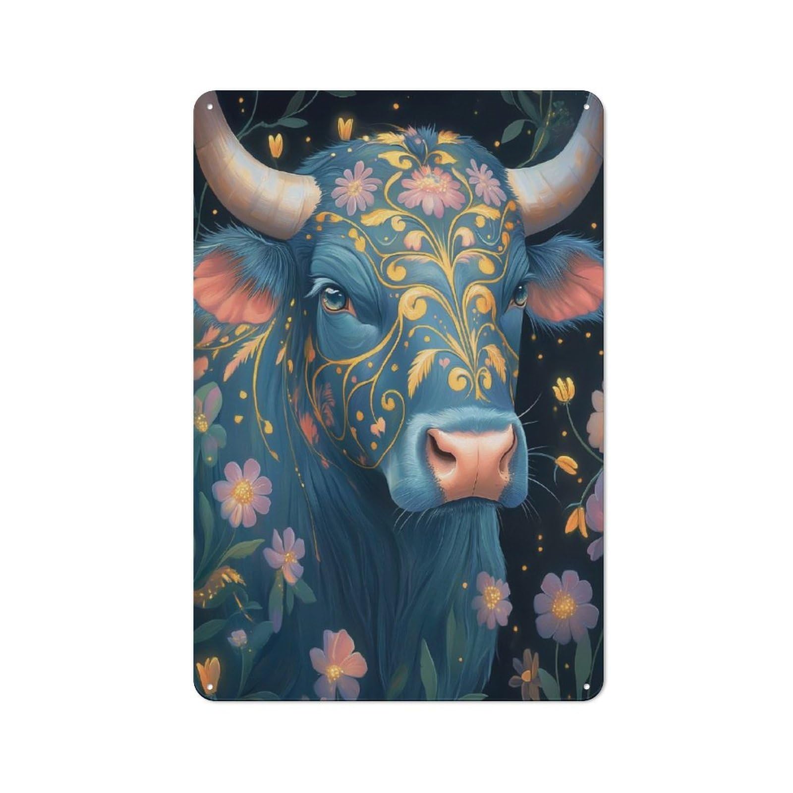Junmoney Style-24 Understated Office Metal Sign 30X20cm Featuring Blue Cow With Floral Design, Studio Wall Plaque For Office, Study, Studio Or Hallway