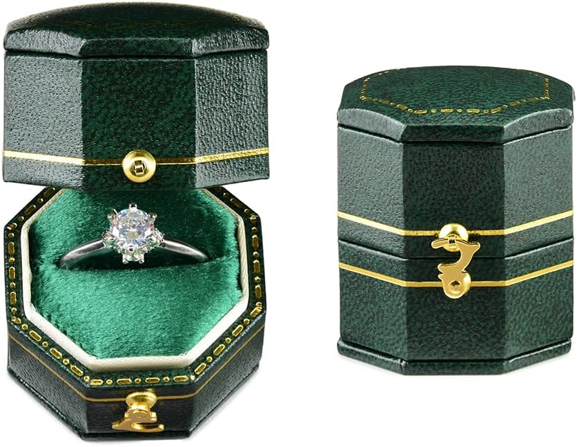TAIMY Classical Victorian Style Wedding Tiny Ring Box, Handcrafted Gift Ring Box Proposal Pocket Size Small Keepsake Jewelry Box (Green, Octagon)
