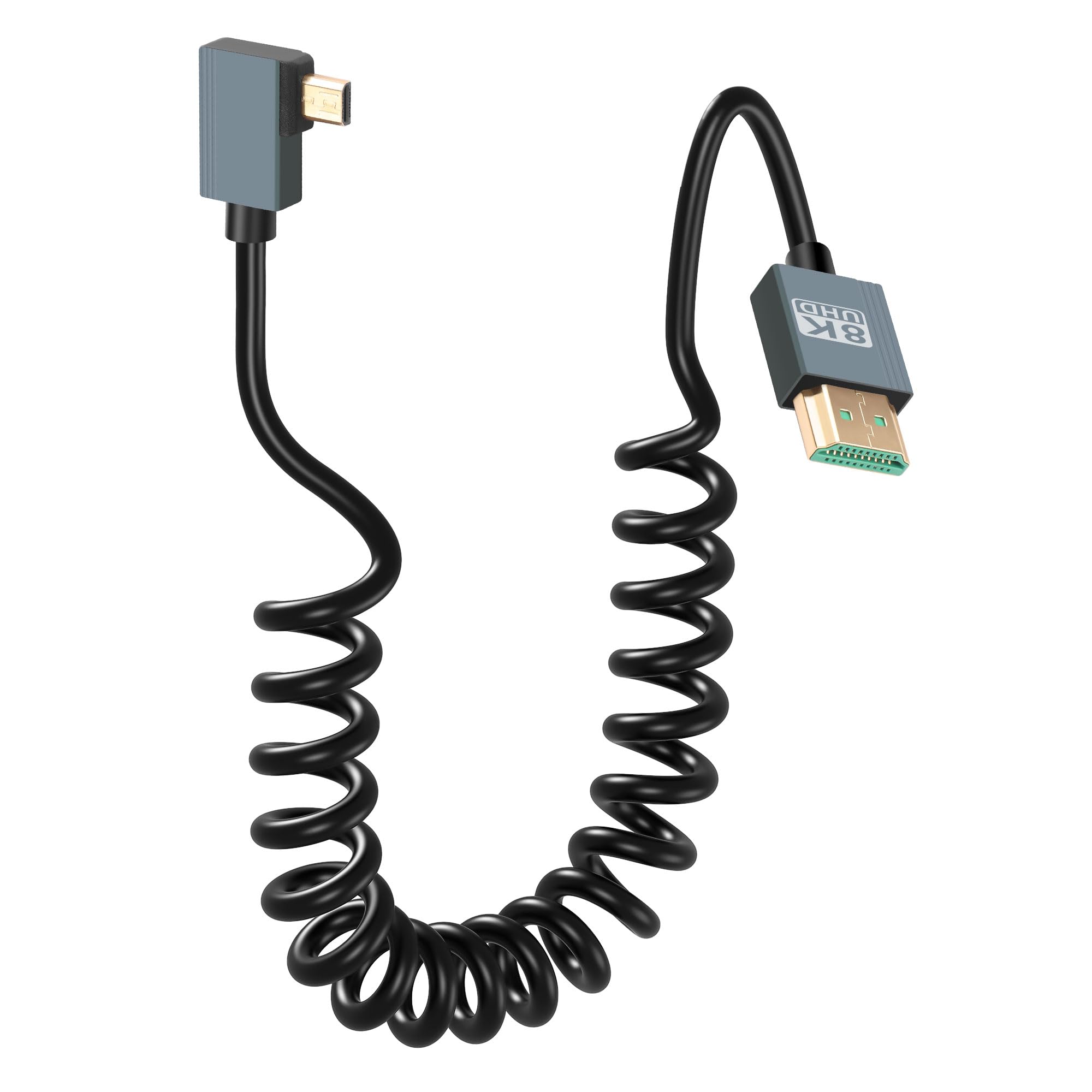 CERRXIAN 8K Right Angled Micro HDMI to HDMI Cable, 48Gbps High Speed 90 Degree Micro HDMI to HDMI Coiled Cable Support 8K@60Hz 4K@120Hz Dynamic HDR Compatible with Laptop Camera Monitor 3FT