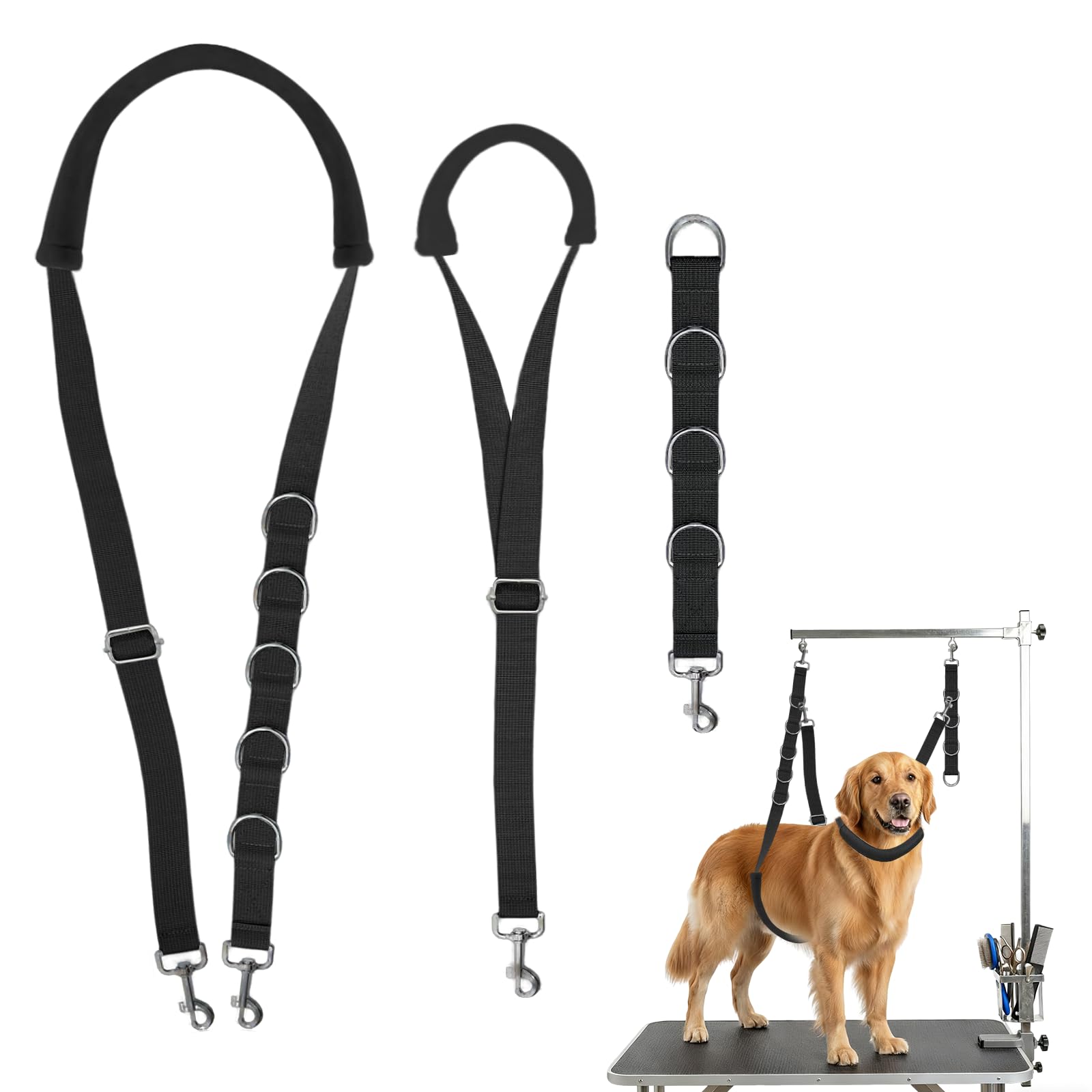 3Pcs Dog Grooming Harness, Adjustable Cat Dog Grooming Restraint Loop Noose, Nylon Dogs Belly Strap with D-Rings Restraint for Small Medium Dogs Cats Bathing (Black, M) — image 1