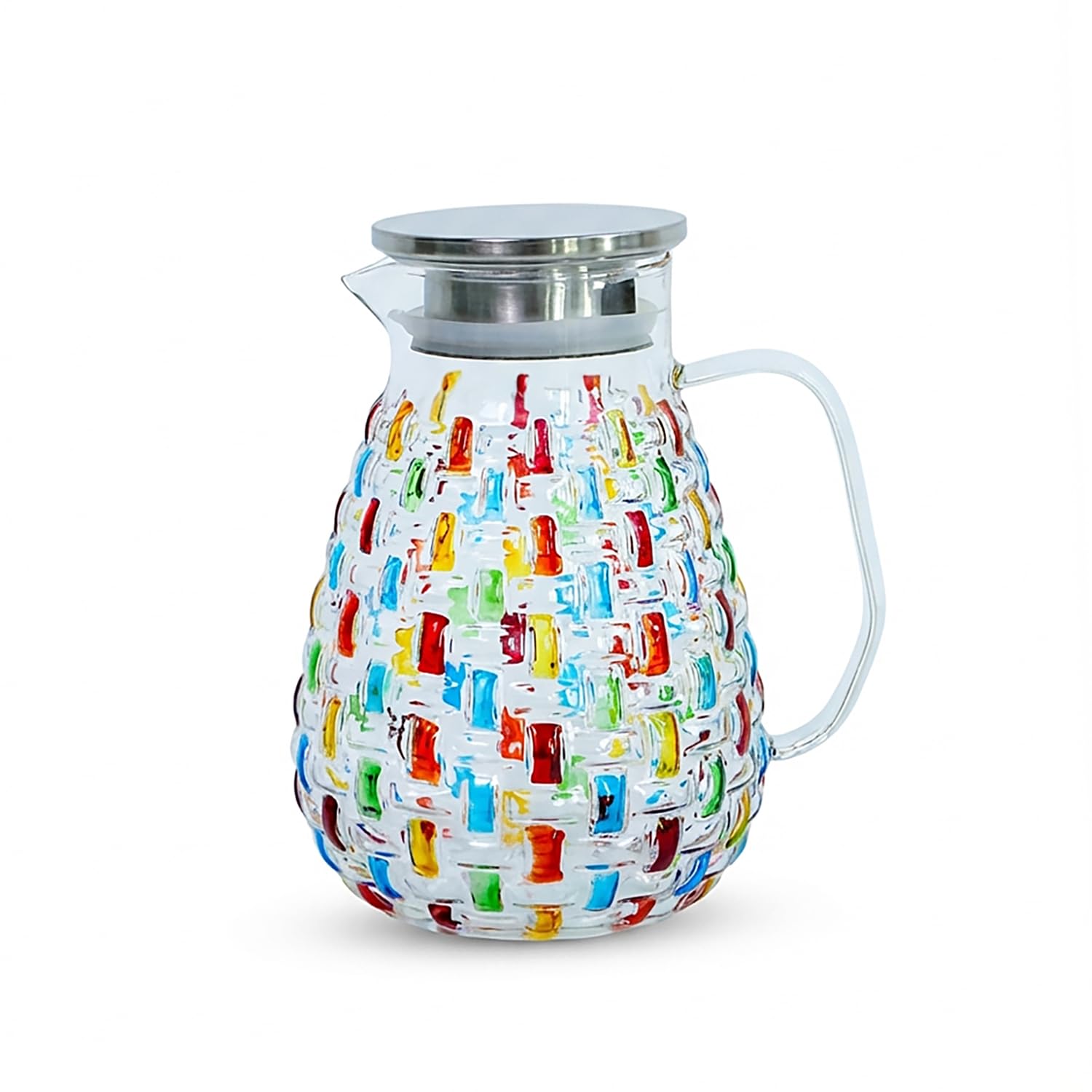 Hand Painted Colorful Crystal Glass Pitcher with Stainless Steel Lid – Colorful Weaving Design,Water Pitcher Carafe, Iced Tea Pitcher, Hot/Cold Water Jug, Juice and Iced Tea Beverage Carafe(1500ml).