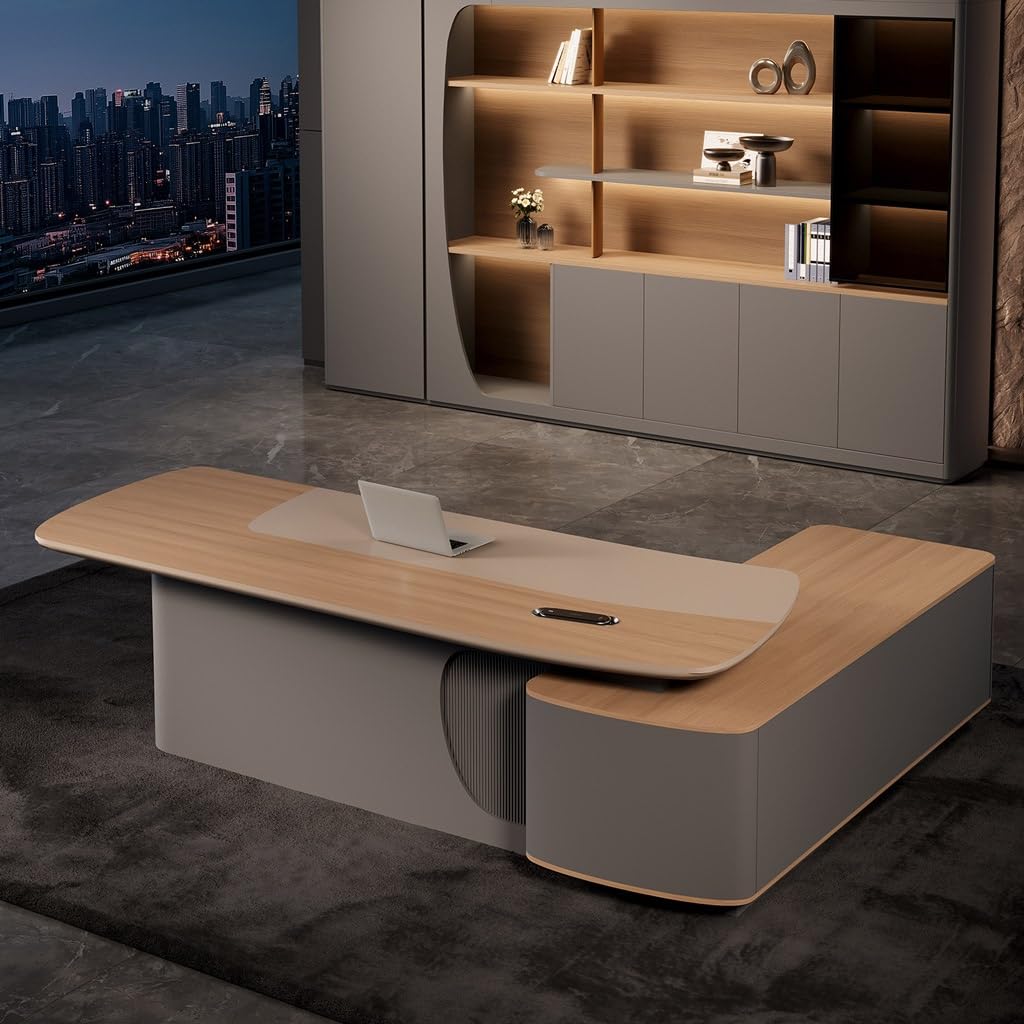 NEBE Scrivania Ufficio Elegante scrivania direzionale for Ufficio, spaziosa postazione di Lavoro manageriale a L con Stile Moderno retrò