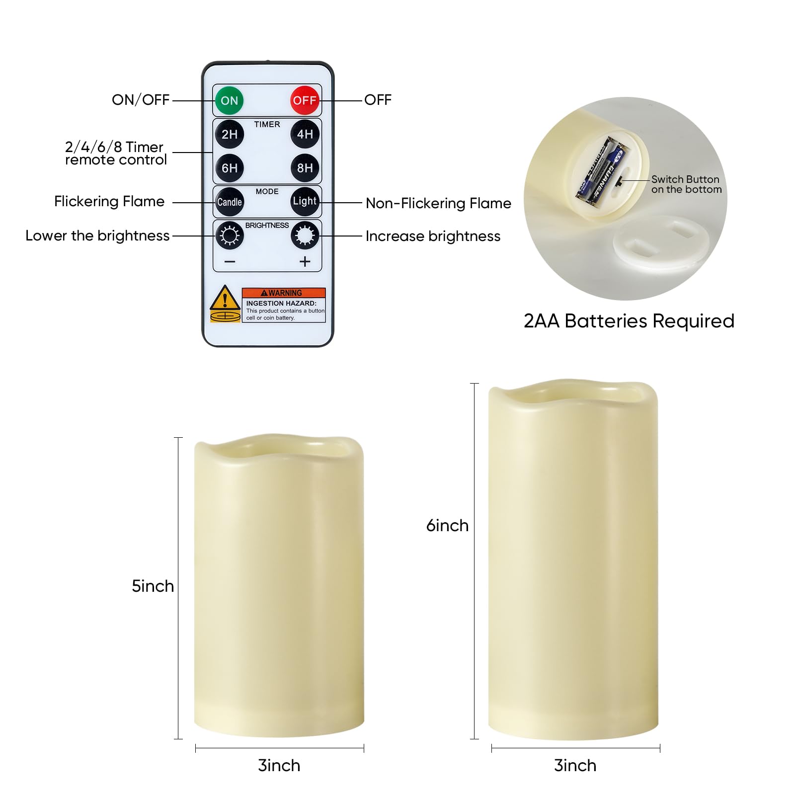 5plots D3 x H5 12,7 cm 15,2 cm 15,2 cm Set di 4 candele impermeabili senza fiamma, candele a LED a batteria con telecomando a 10 tasti e timer, richiede 2 batterie AA per interni, casa, Halloween