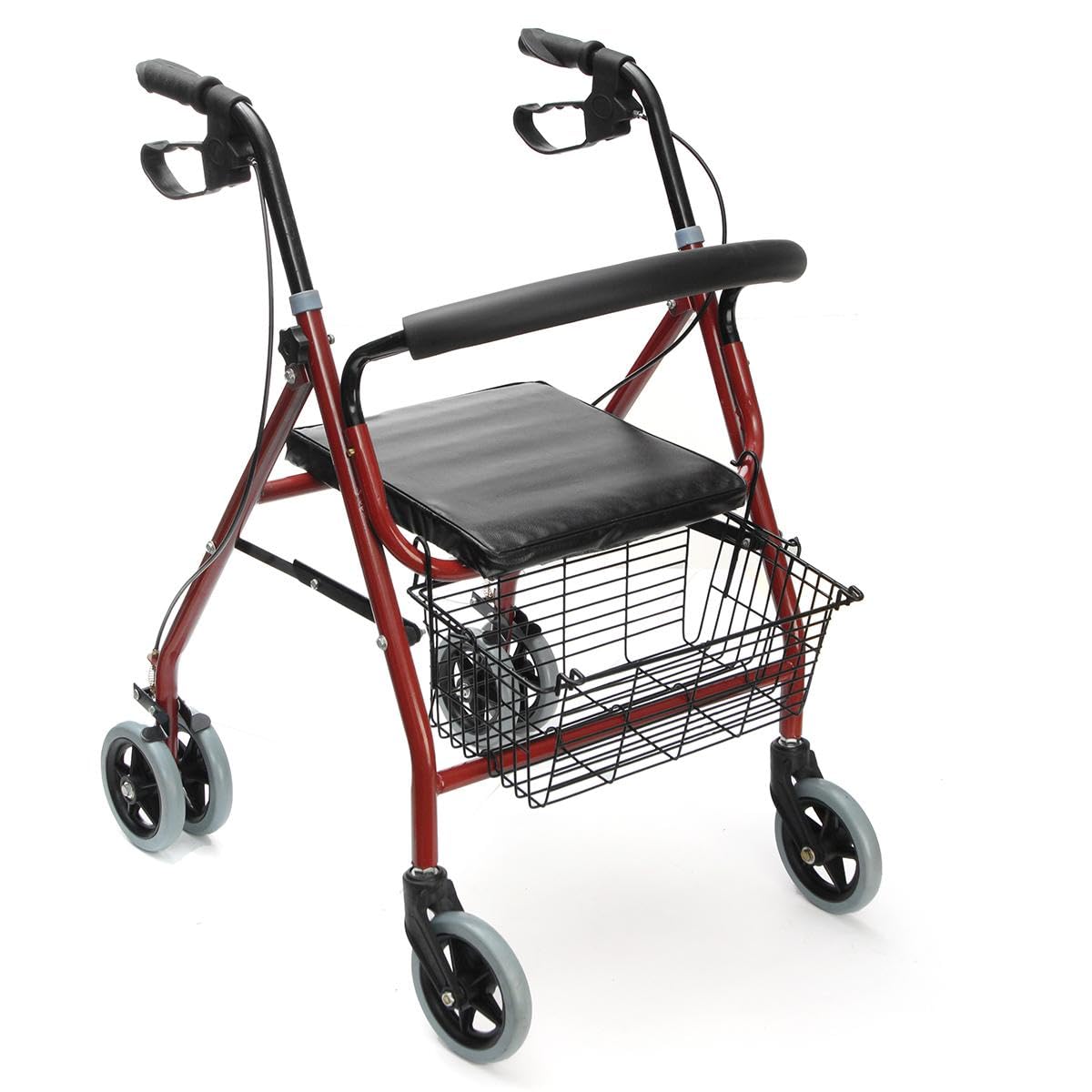 BRICOZONE Deambulatore Pieghevole 6 Ruote Regolabile In Altezza Con Seduta Cuscino E Cestino Struttura Leggera In Alluminio Dispositivo Medico Ideale Per Anziani E Mobilità Ridotta (Rosso Rubino)