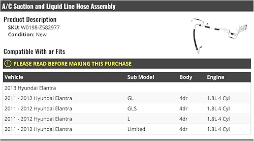 Conjunto de manguera de aspiración y línea de líquido de A/C - Compatible con Hyundai Elantra 2011-2013 de 4 puertas 1.8L 4 cilindros