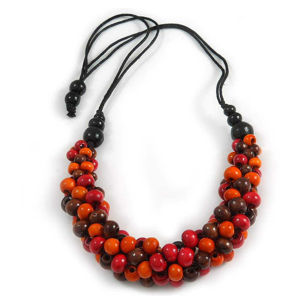 Avalaya Collana Lunga In Corda Di Cotone Nero Con Fiore Legno Arancione E Marrone, 68 Cm, Gioiello Etnico Casual