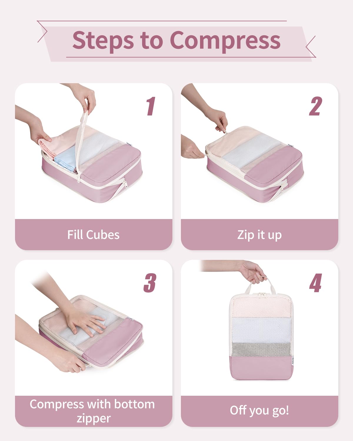 Narwey 6er-Set Kompressions-Verpackungswürfel für Reisen für Damen, Pack-Organizer für Rucksack, Gepäck, Koffer, Seesäcke (Dusty Rose)