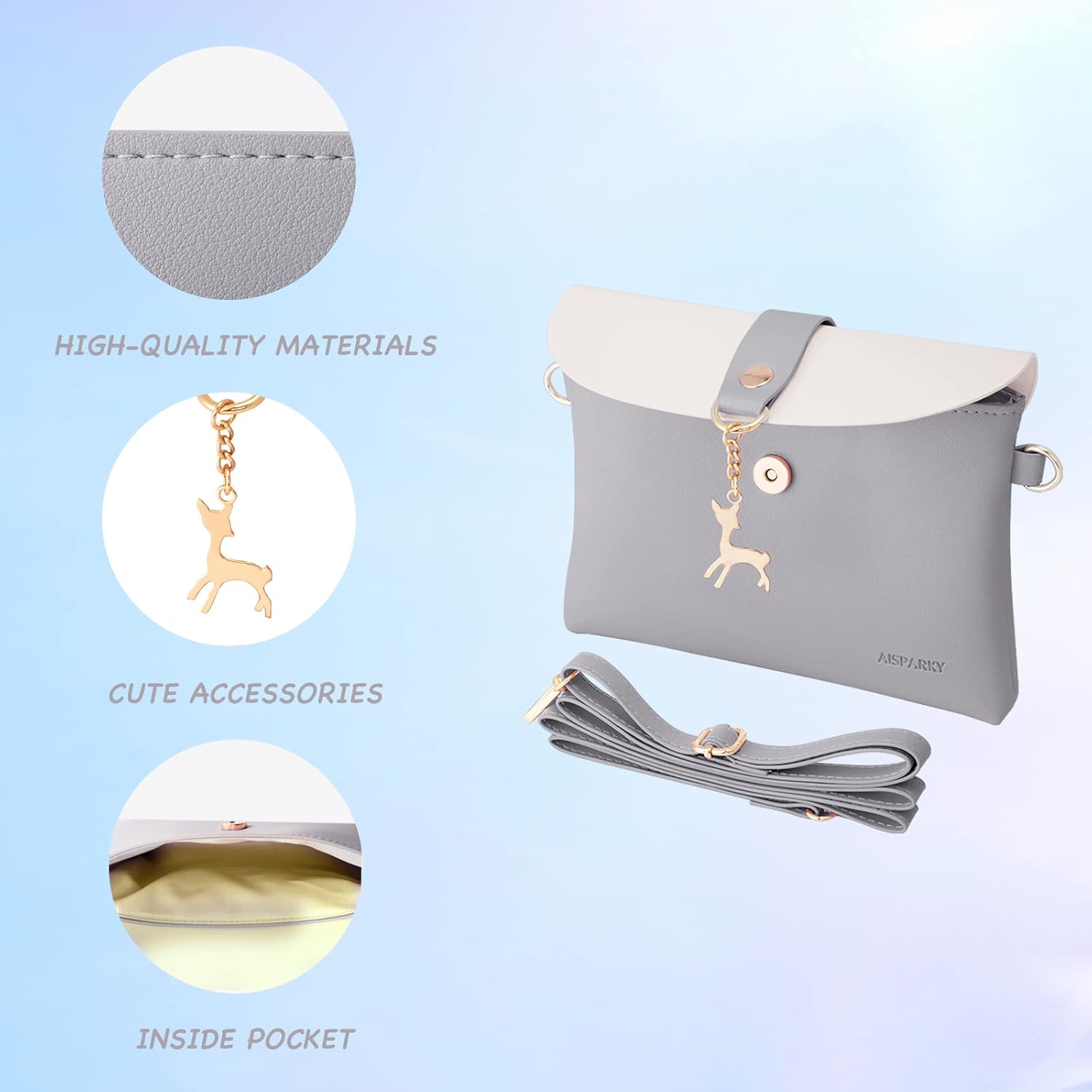 AISPARKY Small Crossbody Purse,PU Leather Small Purse for Womens and Girls With Pendant With Strap/Gold Chain Strap Grey