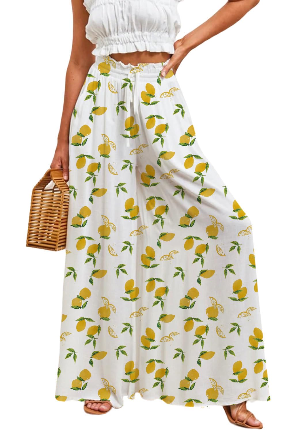 YOCUR Women Summer Beach Vacation Pants High Waisted Wide Leg Pants Printed Loose Flowy Casual Palazzo Lounge Trousers