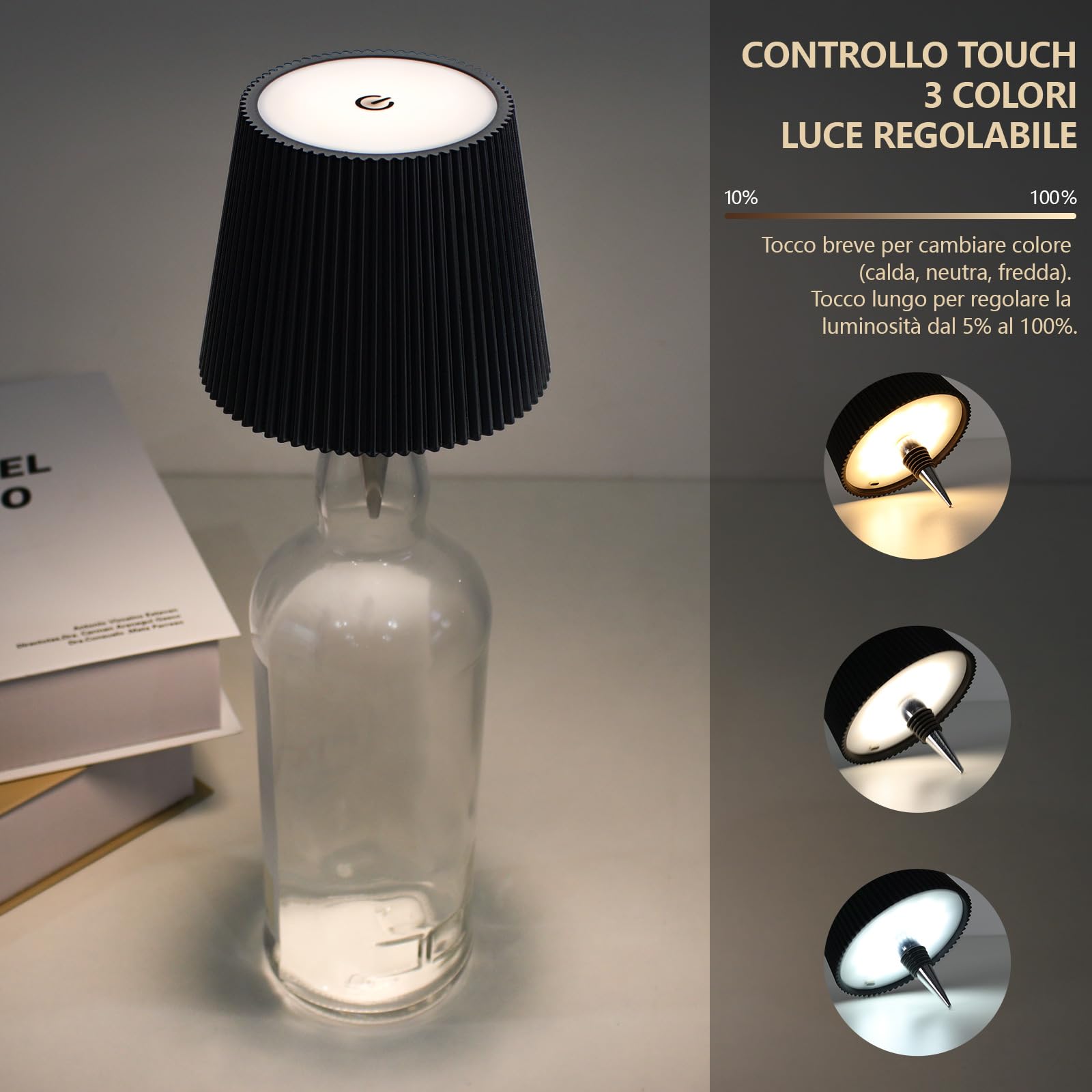Beaeet Lampada da Tavolo a Bottiglia Senza Fili Ricaricabile via USB, con 3 Colori e Luminosità Regolabile, Ideale per Camera da Letto, Terrazza o come Regalo per le Festività, Bottle Lamp nero