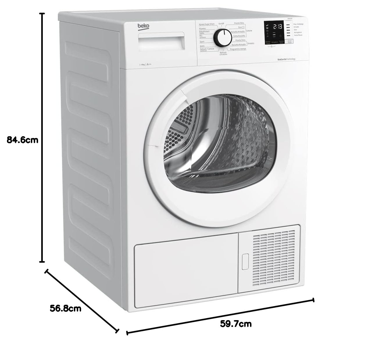 Beko - DRX823N - Asciugatrice Standard 8kg, Classe A++, linea estetica Basic, Display Digit, oblò bianco con manopola bianca, Partenza ritardata 0-24h, Dimensioni AxLxP: 84,6x59,7x56,8cm.