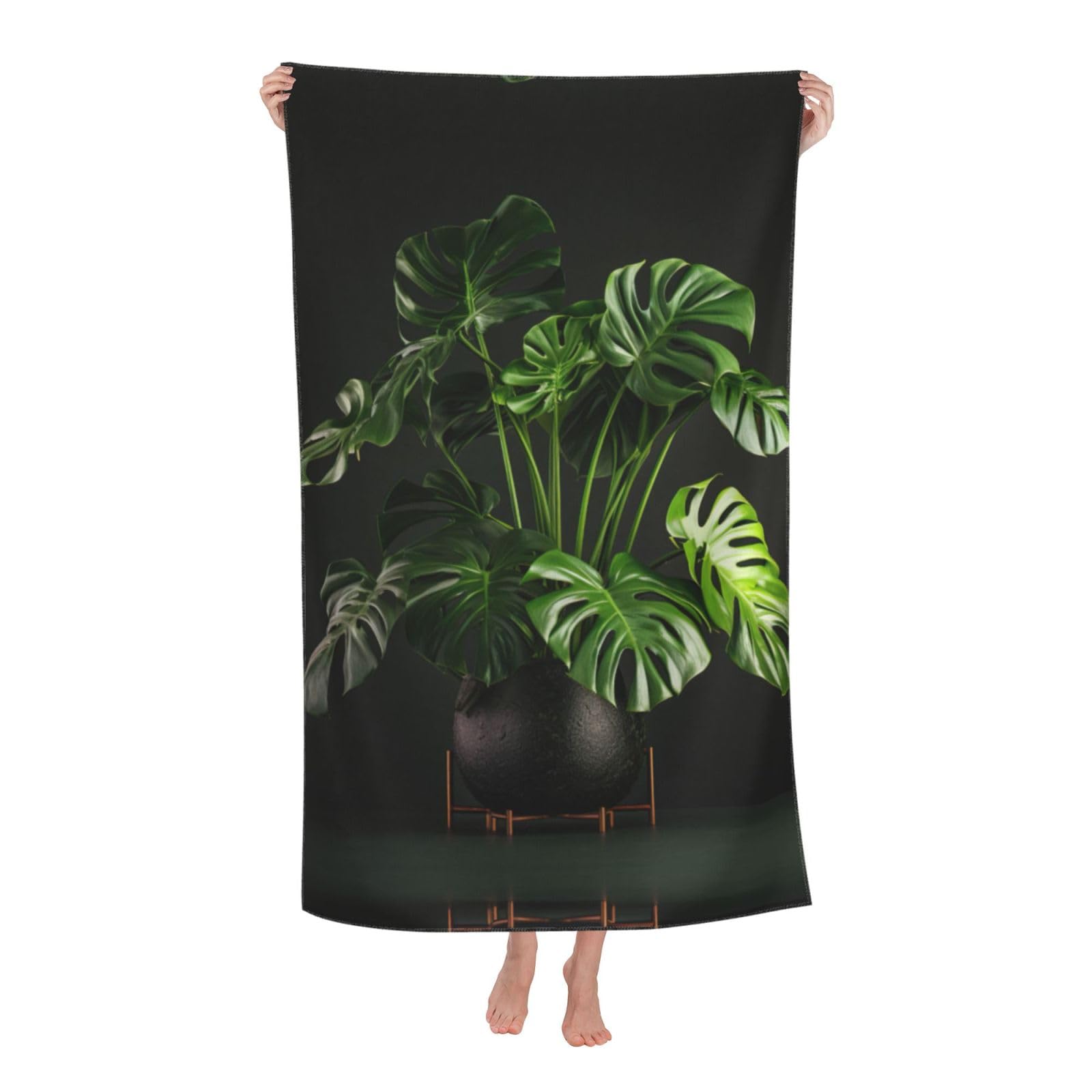 Pojknbv White Monstera Deliciosa Banana Palm Print Oversized Adult Beach Towel Quick-Dry Comfortable Lightweight Travel Pool Camping