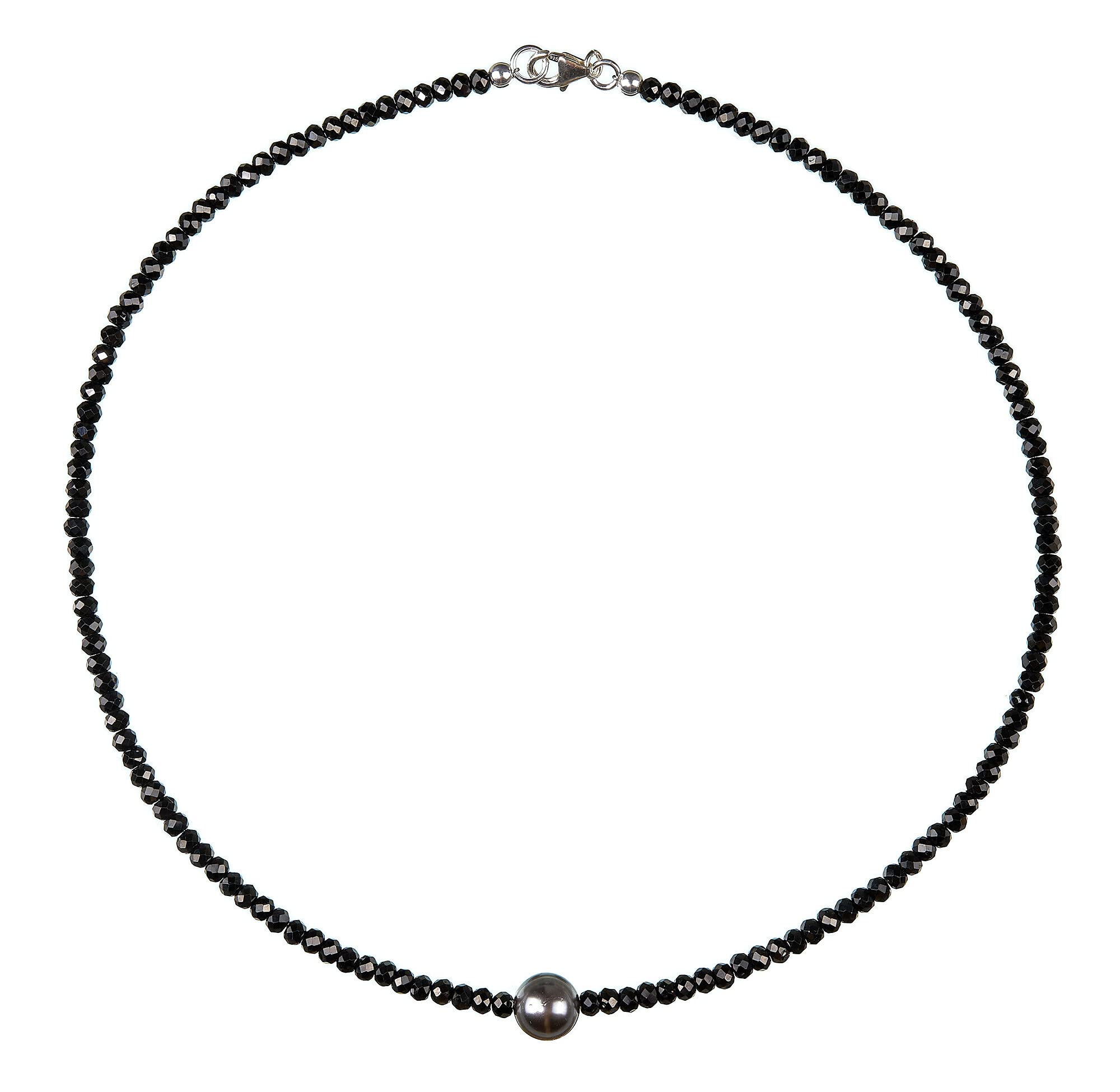 Spinell-Kette mit Perle grau - schwarze Halskette mit Perle - Steinkette - 925 Silber