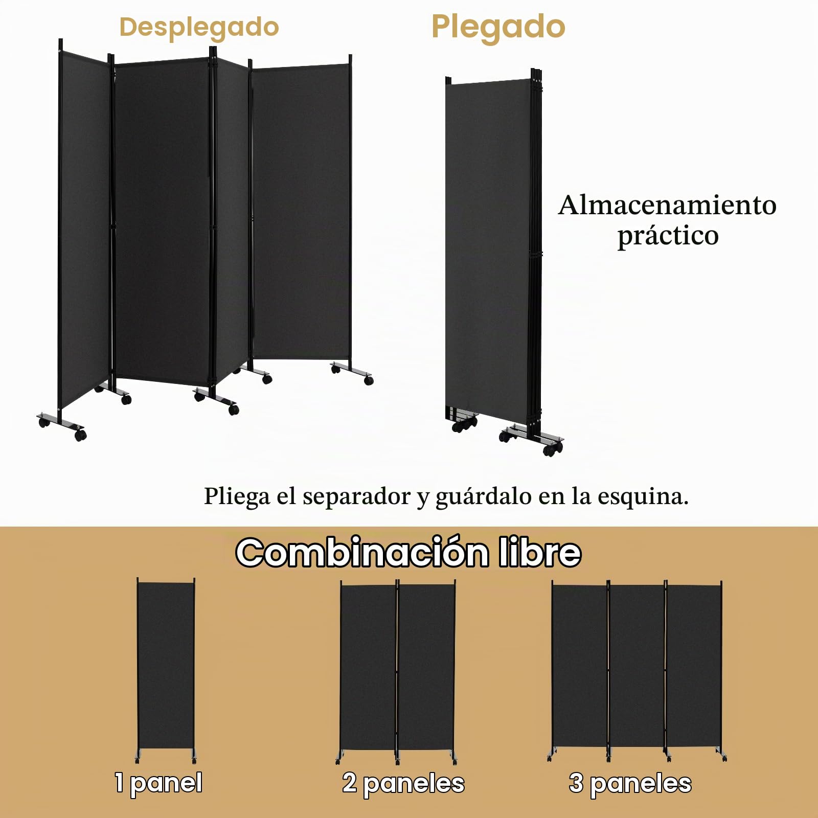 LIFEZEAL Biombo Plegable de 4 Paneles Gris con Estructura Metálica (Gris) | Separador de Espacios para Interior y Exterior con 10 Ruedas, Pared Tabique y Protección de la Intimidad