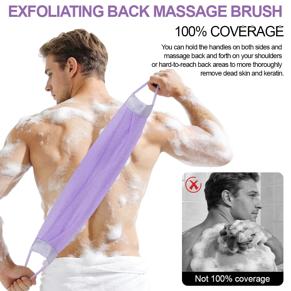 Set Guanto Scrub Corpo, 2 Guanti Esfolianti e 1 Scrubber per la Schiena, Panno Esfoliante Corpo Asciugamani Esfolianti per il Corpo Unisex, Guanti Esfolianti per Esfoliante/Doccia/Spa (Viola) - 3