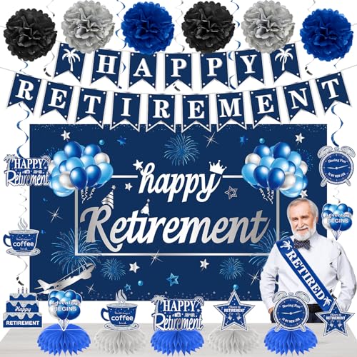 Image of Kuxriox 20PCS Retirement Party Decorations Kit for Men, Blue Silver Retirement Backdrop Balloons Honeycomb Centerpiece Swirl Paper Pompoms Party Supplies, Retired Sash Table Topper Swirls Set
