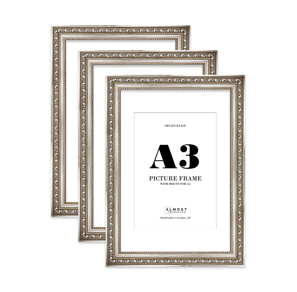 Silver Ornate Picture Frame A3 With A4 Mount for Photos - Wall Display, Landscape or Portrait, 3 Pack