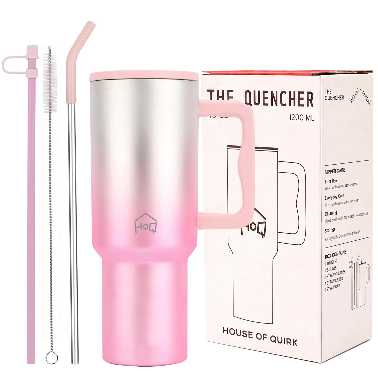 House of Quirk 1200ML Stainless Steel Tumbler with Handle & Lid, 2 Straws – Large Travel Mug Water Cup for Gym, Office & Outdoor Use (Electric Pink)