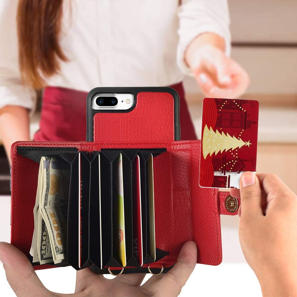 iPhone 7 Plus Crossbody Case, JLFCH Wallet Case for iPhone 7 Plus / 8 Plus with Card Holder Wrist Strap Leopard Print Handbag Purse Style Women Girly Case for Apple iPhone 7/8 Plus 5.5 inch - Red