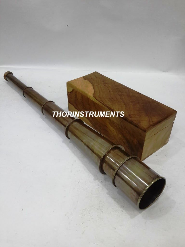 Nautical Antique Brass Telescope W/Natural Wooden Box Gift Decorative Rustic Vintage Home Decor Gifts