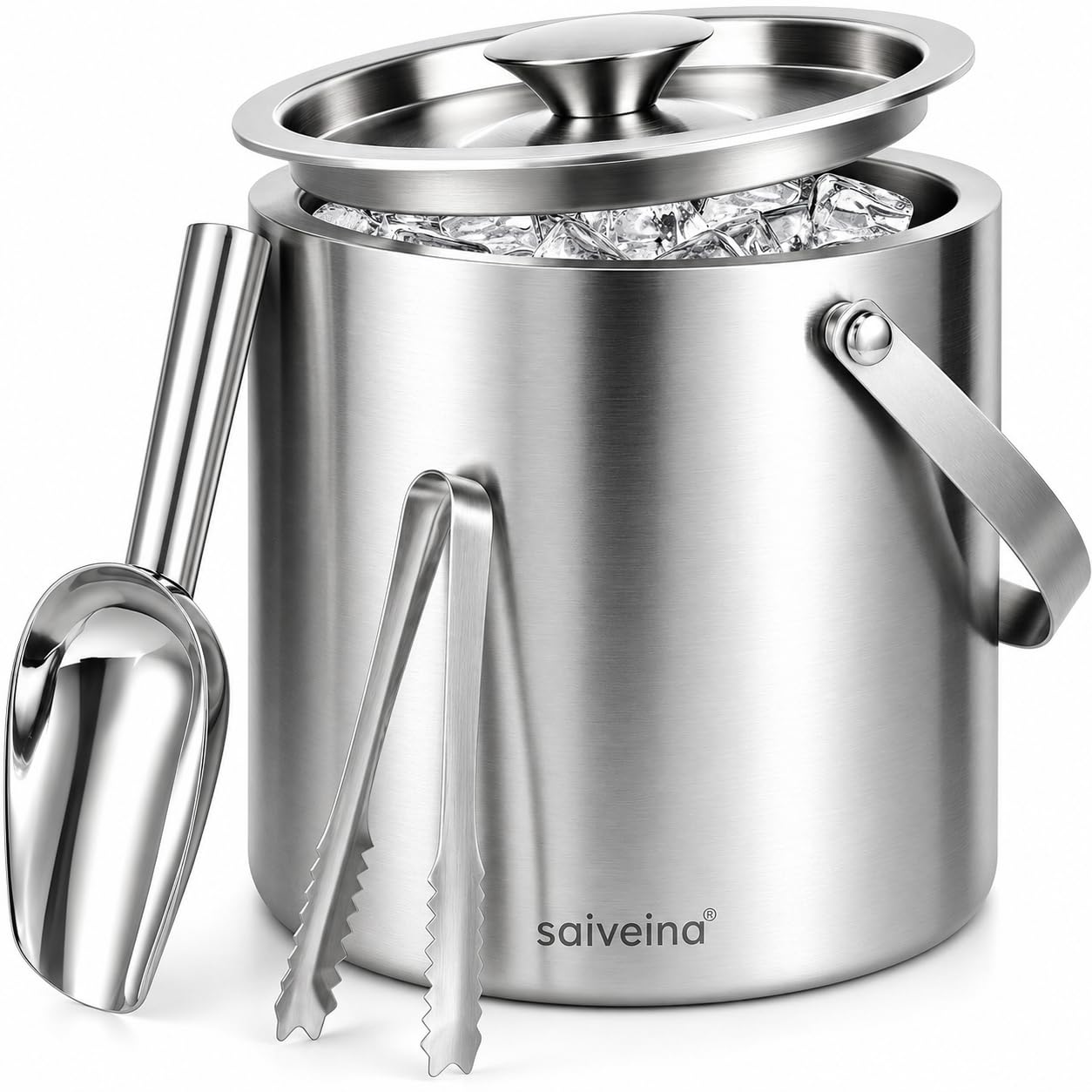 3L Doppelwandiger Eiskübel aus Edelstahl mit Deckel, Schaufel, Zange & Griff - Isolierter Eisbehälter für Partys, Bar und Camping - Hält Eis länger gefroren
