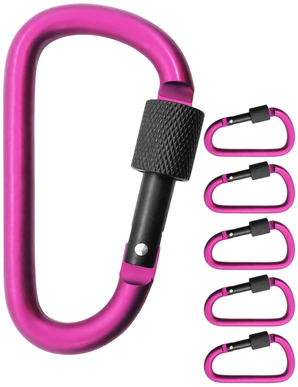 5 moschettoni a vite grandi, 8 cm, in alluminio, rosa/nero