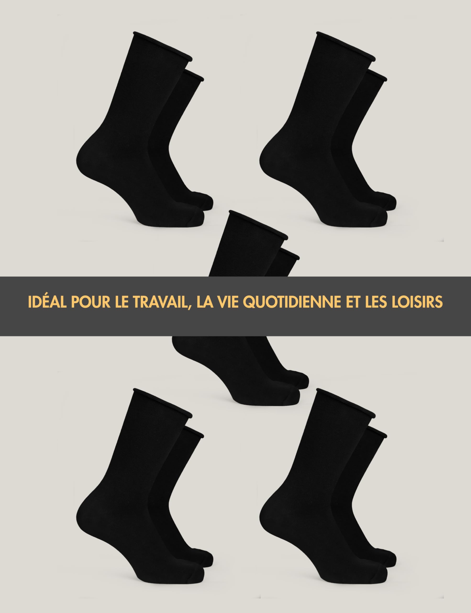 Basic Treasure 5 Paires Chaussettes Bambou Femme, Noir, sans Élastique