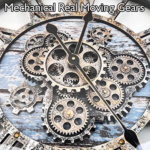 Dorboker 30" Original Moving Gears Wall Clock Large Rustic Wall Clock For Living Room Decor, Solid Wood Vintage Farmhouse Steampunk Ocean Clocks For Wall Decor,Aqua Green #TOP1