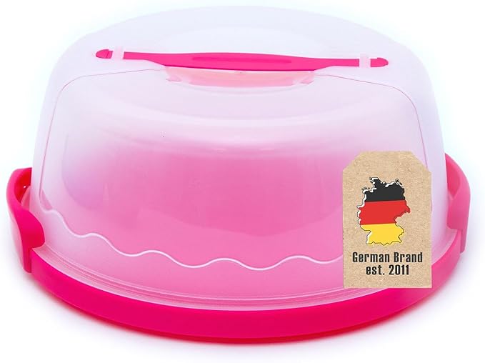 Transportbox Behälter für Kuchen und Torten aus Kunststoff in Pink – 29.8 x 28.8 x 13.2 cm – Runder Transportbehälter Kuchenbehälter Tortenhaube mit Klickverschluss Kuchenbox mit Tragegriff
