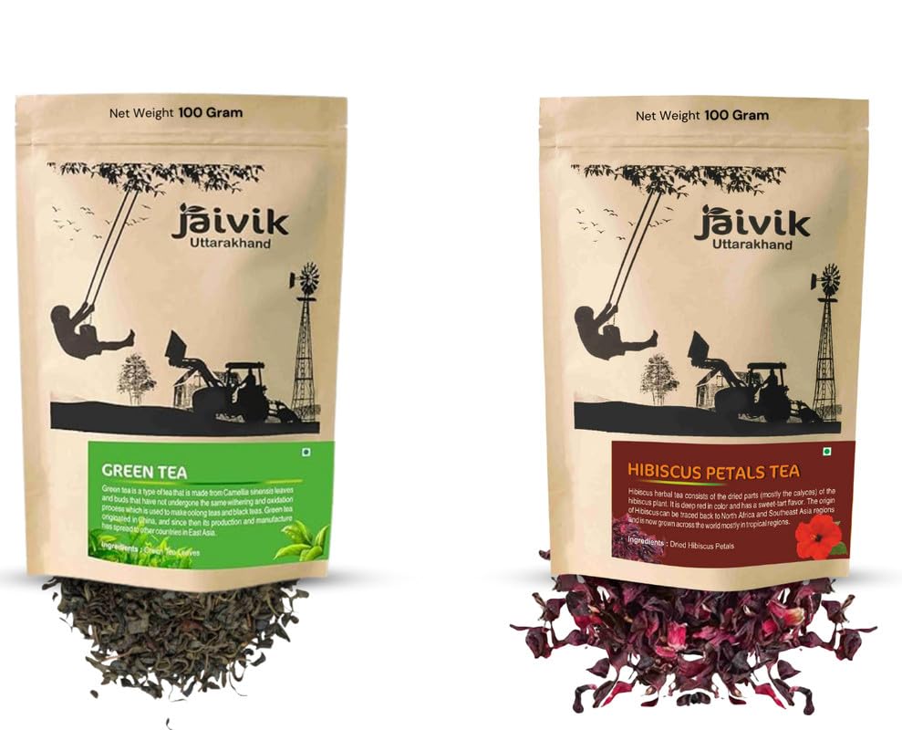 Image of Jaivik Uttarakhand - Green Tea, Hibiscus Flower Tea (100g Each), Loose Leaf Combo (Pack of 2)