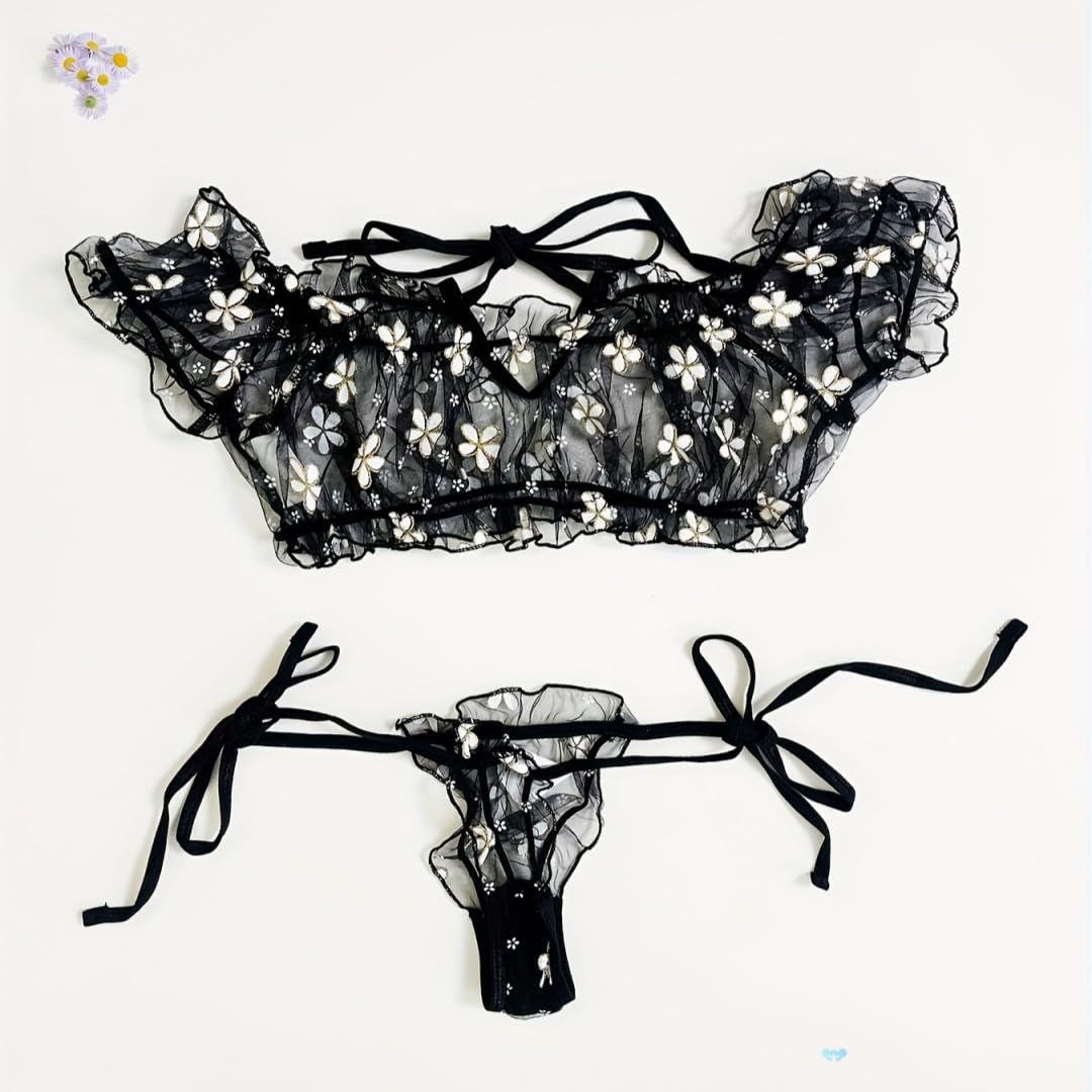 Sexy outfit Damskie seksowne biustonosze i majtki w kropki komplety bielizny Babydoll Strappy przezroczyste wykończone frędzlami bielizna z uroczą kokardką G String