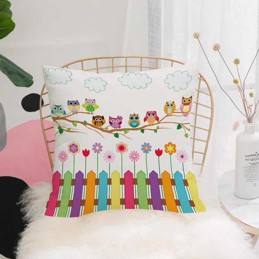 HYOSXW Cushion Cover,Throw Pillow Case Home Decorative for Living Room Bedroom Sofa Chair 16X16 Inch,Owls, the owl team beside the colorful fence,Pillowcase 40X40cm