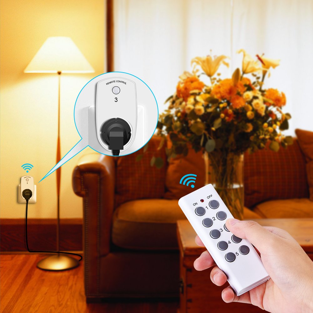 DEWIN Presa con Telecomando,5 Pezzi Prese Wireless con Telecomando Presa per Telecomando Intelligente Plug Prese Intelligenti Prese Comandate con Telecomando Spina UE con 2 Telecomando
