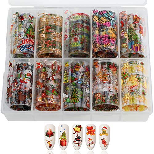 10 Rollen Holographic Nail Art Foil Sticker Decals,MWOOT Christmas Nagel Transfer Aufkleber Sternenhimmel Nail Wraps Transferfolie Aufkleber Kit(1,57Zoll x 39,37Zoll/ 4cm x 100cm) – Bild 3