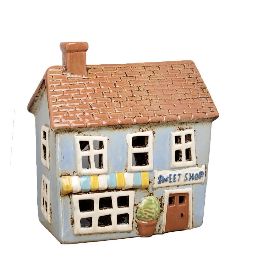 Sweet Shop Tealight Holder Glazed Ceramic Blue House Candle Lantern Ornament