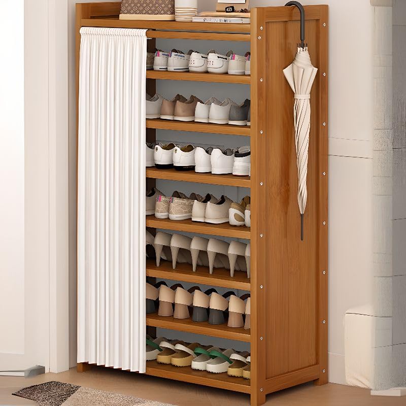 CraftThink Modern Shoe Rack with Curtain, Bambusa Shoe Storage Wood Freestanding Shoe Shelf Shoe Organizer for Entryway Garage Bedroom (Tan, 31.5" L x