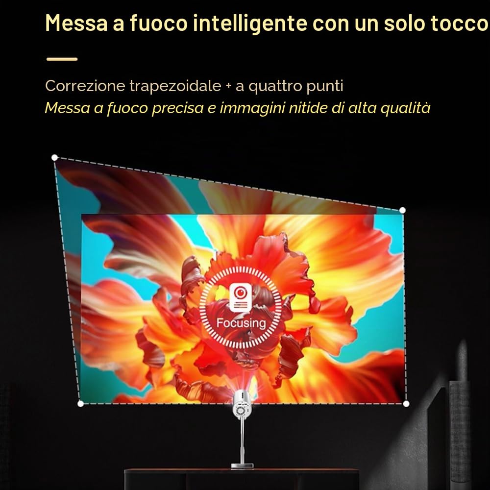 Bisofice Proiettore portatile 4K supportato, videoproiettore portatile per Home Cinema con asta retrattile, WiFi e BT, rotazione 90°, Android 11.0 Proiettore Home Cinema per Riunione, Studio,