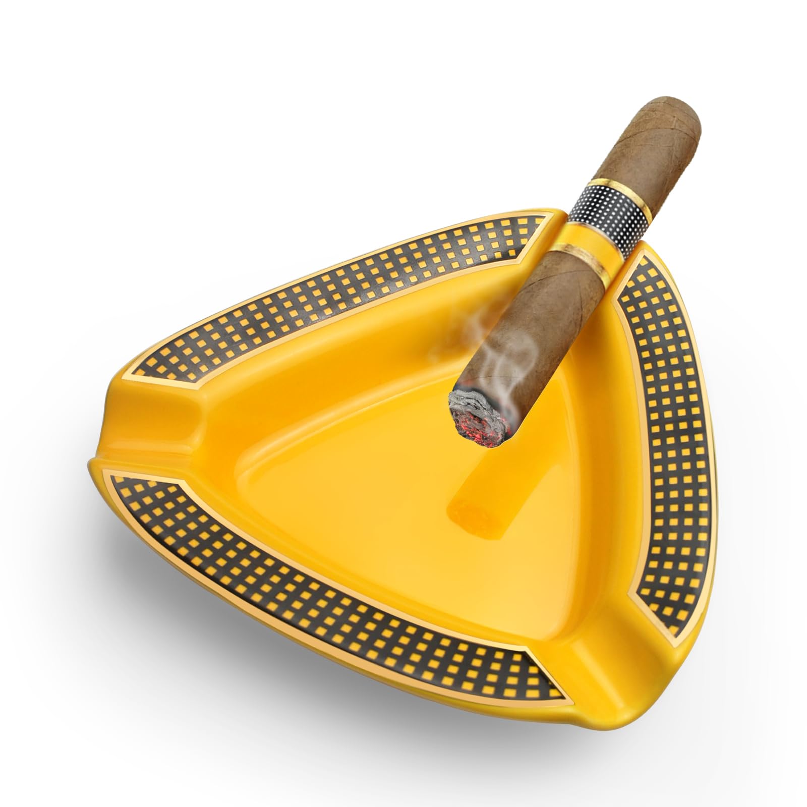 CIGARFEAST Large Triangle Outdoor/Indoor Modern Yellow Ceramic Cigar Ashtray (Yellow)