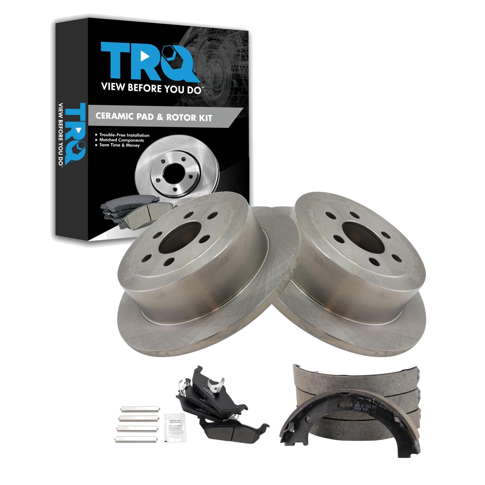 TRQ Rear Brake Pad and Rotor Set Ceramic Parking Shoe Compatible with 2003-2004 Dodge Dakota