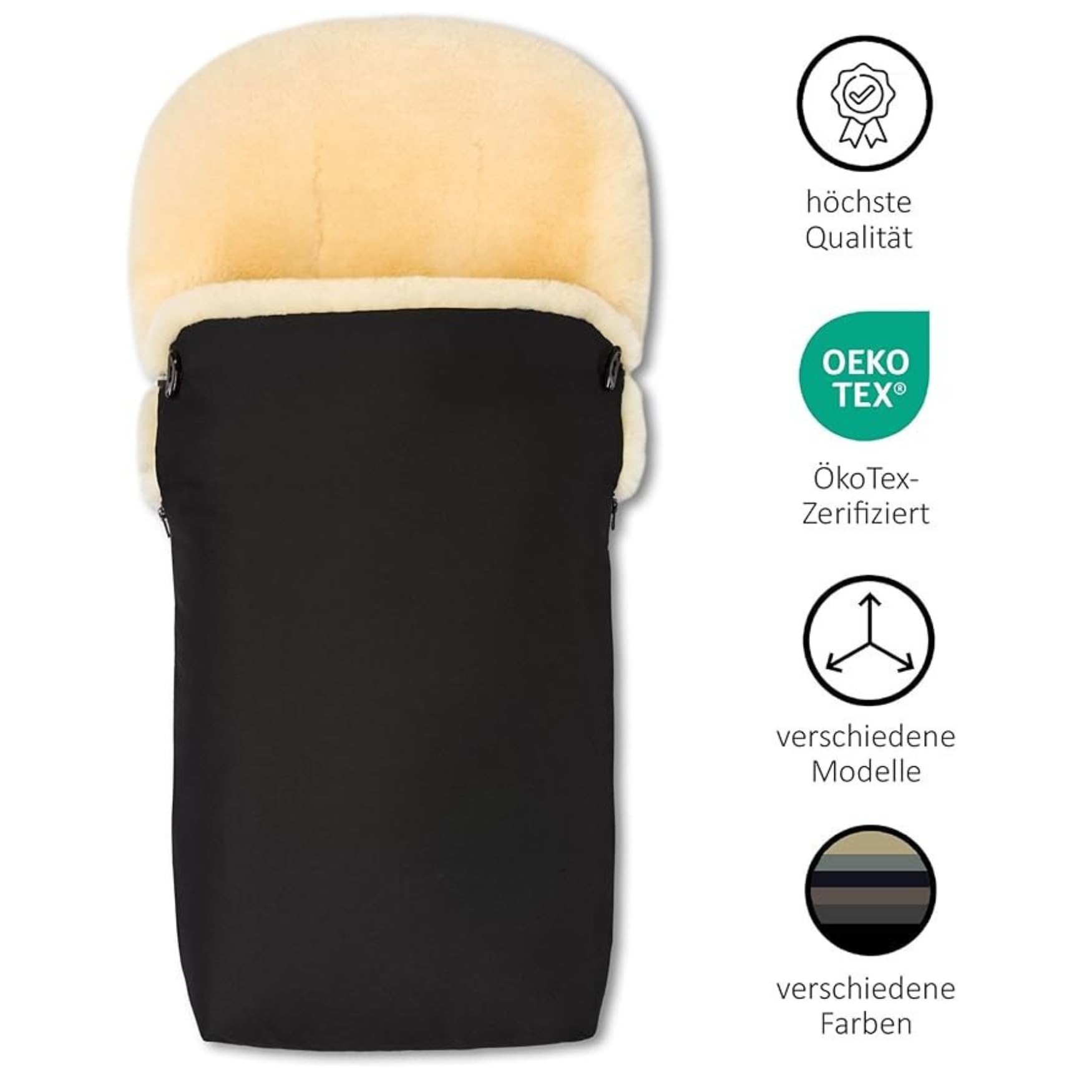 LANABEST Lammfell Fußsack Winterfußsack für Buggy und Kinderwagen schwarz Merino